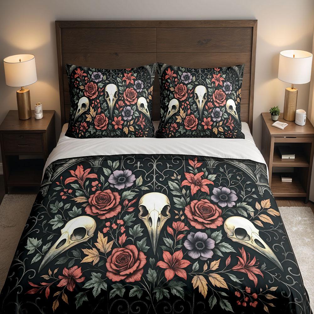Practical Home Decor Unisex Retro 19S Raven Skull Floral Duvet Cover Set King Queen Double Full Twin Single Duvet Cover Pillow Case Bed Linen Set