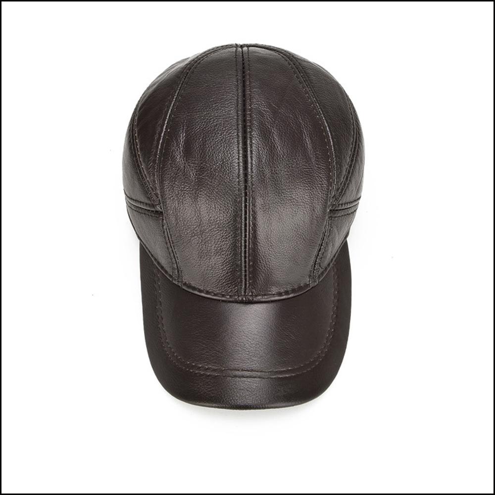 New Men Casual Real Leather Earflap Cap Men Real Cowhide Leather Caps Male Fall Winter Genuine Real Cow Leather Baseball Hats