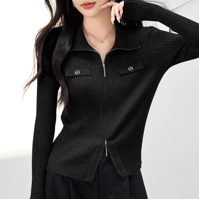 Bottom Shirt Women's New Autumn and Winter Inner Wear Can Be Worn Outside Long-sleeved High-end Polo Collar Double Zipper Top