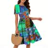 Women Casual Printed Round Neck Short Sleeved Long Dress