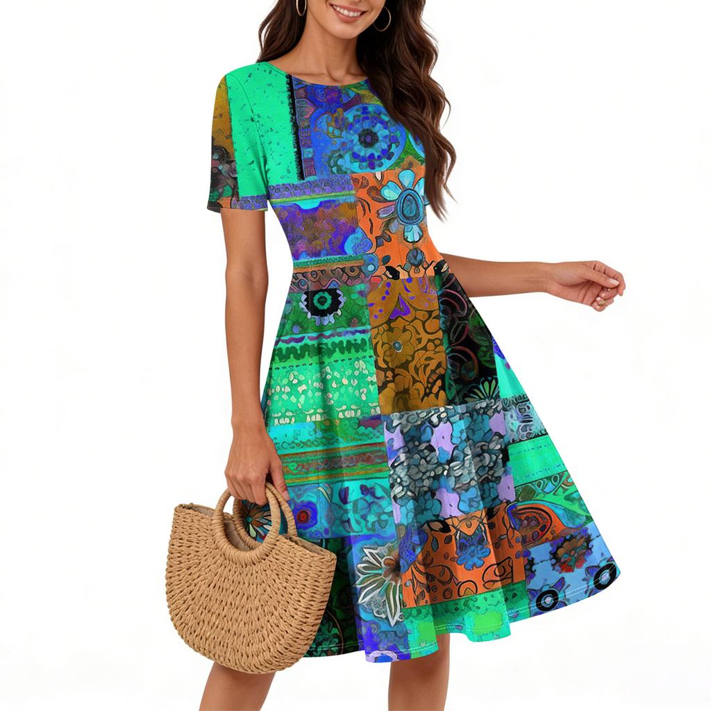 Women Casual Printed Round Neck Short Sleeved Long Dress