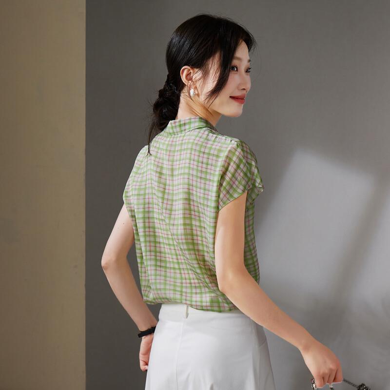 SOFSIL 2026 Summer Silk Plaid Short-Sleeve Lapel Shirt
