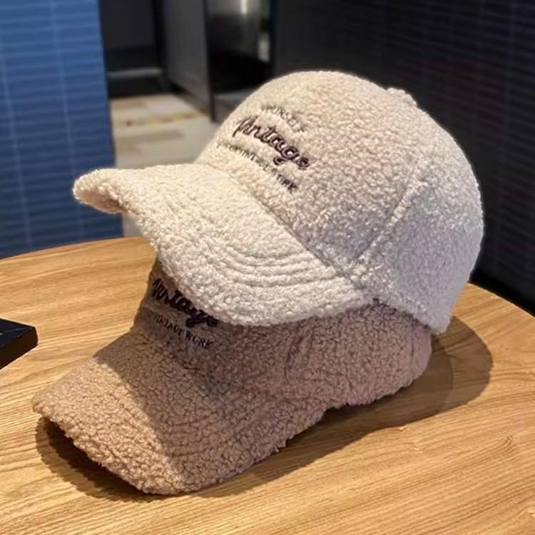 Lamb Fur Baseball Cap In Autumn and Winter Warmth and Windproof Letter Embroidery Solid Color Fashionable and Versatile Plush Baseball Cap