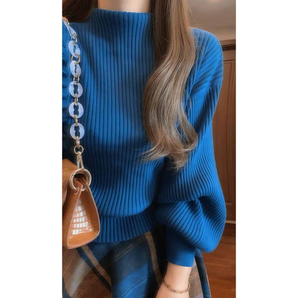 2025 Retro French Blue Knitted Sweater & Plaid Midi Skirt Set