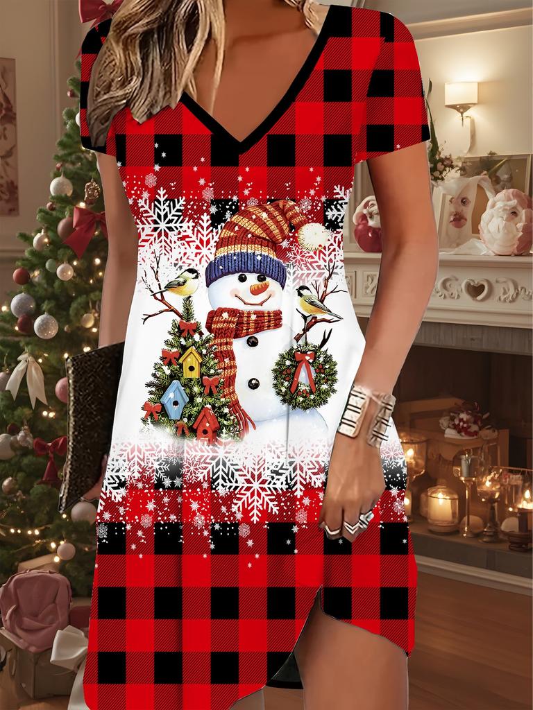 Fashion Women's V Neck Short Sleeve  Christmas Snowman Printed  Dress Sex Short Skirt Dresses