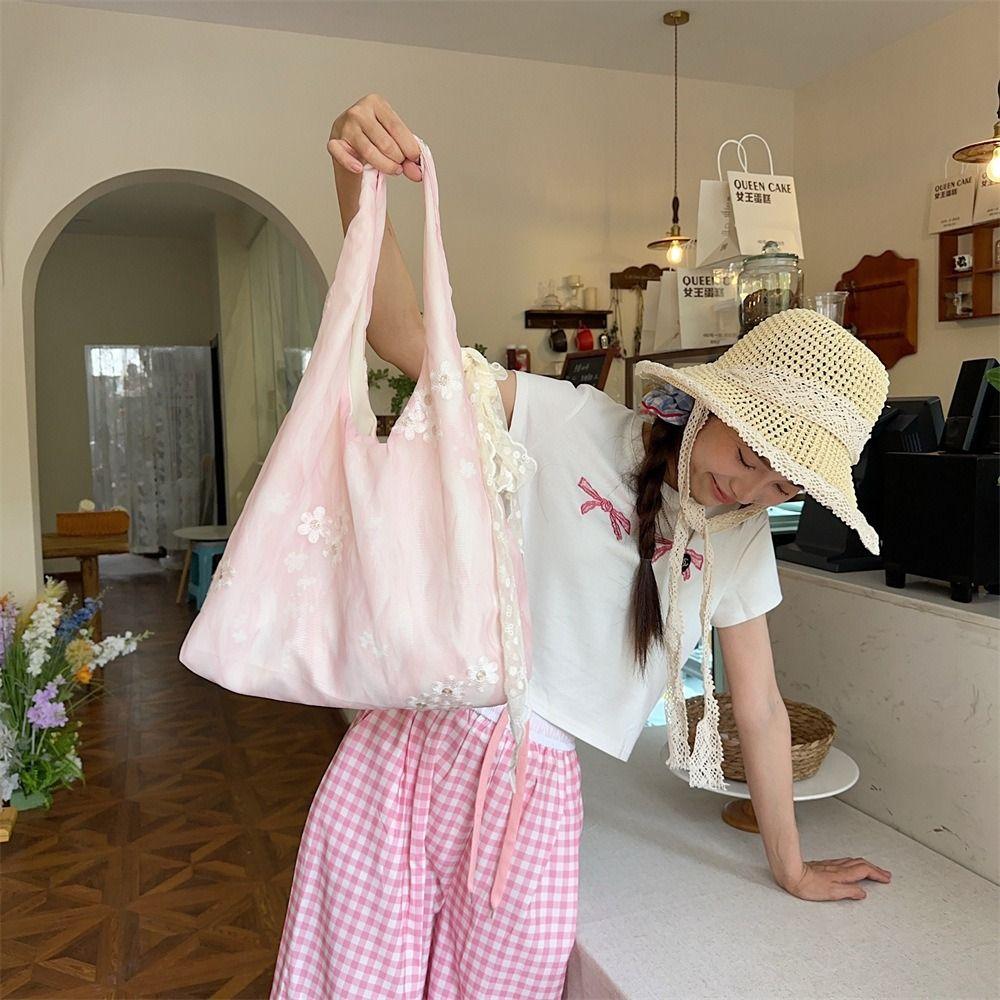 Large Capacity Flower Embroidery Vest Bag Fresh Color Shoulder Bag Vacation Tote Bag Shopping