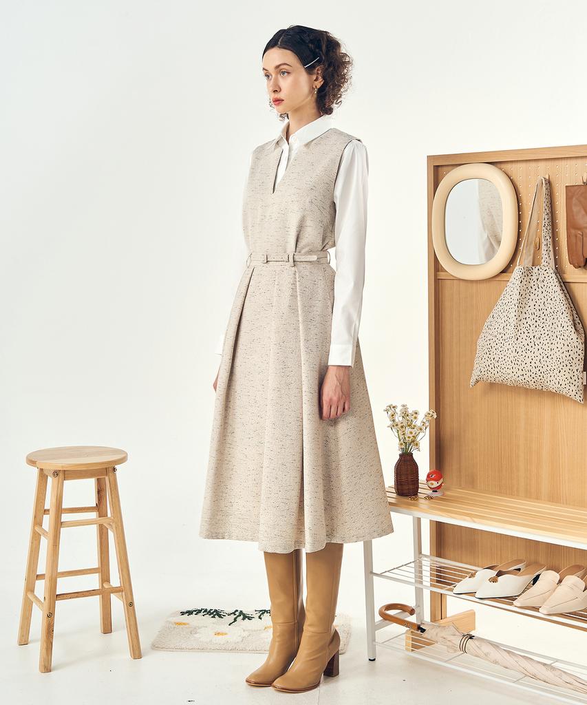 Pelimela Twill A-Line Belted Skirt Set (Beige)