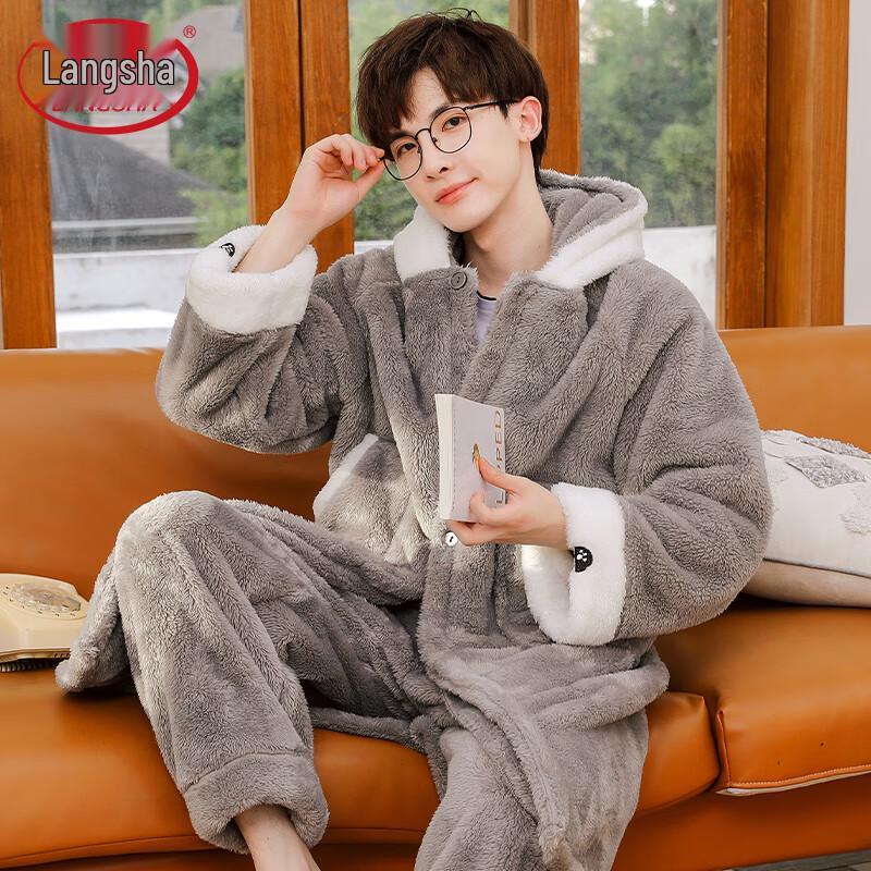 Langsha Men s Winter Coral Fleece Loungewear Robe XL