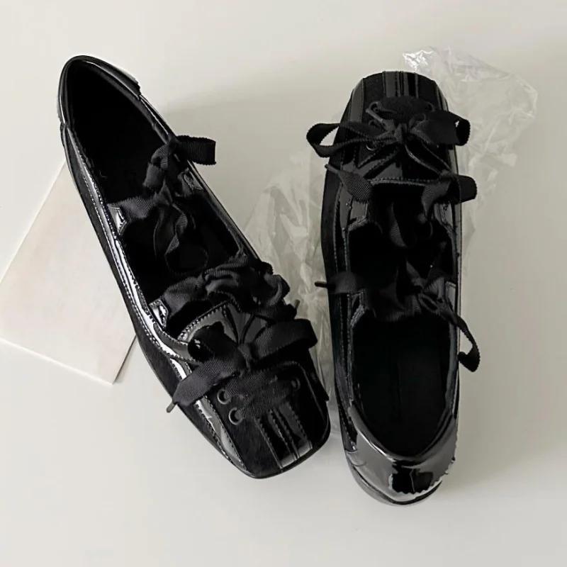 

Fashion New Style Color Block Women Flats 2025 Mary Jane Square Toe Bow Sweet Women Shoes Casual Comfy Daily Dress Slip on Flats Shoes 40 чёрный