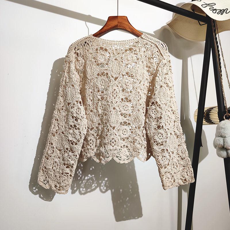 Spets liten sjal bomullskofta kvinnlig vår och sommar o-halsad långärmad solid casual Mångsidig Hollow Cardigan