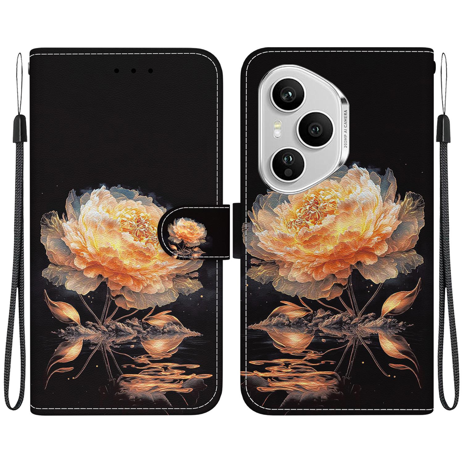 

For Honor 400 Pro 5G (Global) Wallet Phone Case Anti-Drop Pattern Printing Leather Flip Cover with Strap Gold Peony