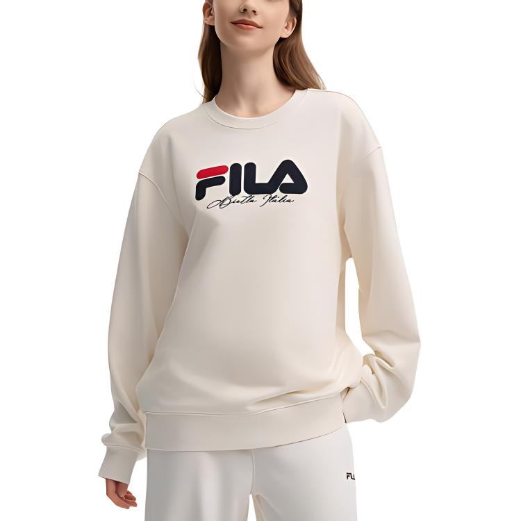 Men's Sweatshirt FILA ORIGINALE Crew Neck Pullover Loose Fit Fleece Lined Sweatshirt Unisex Steam White