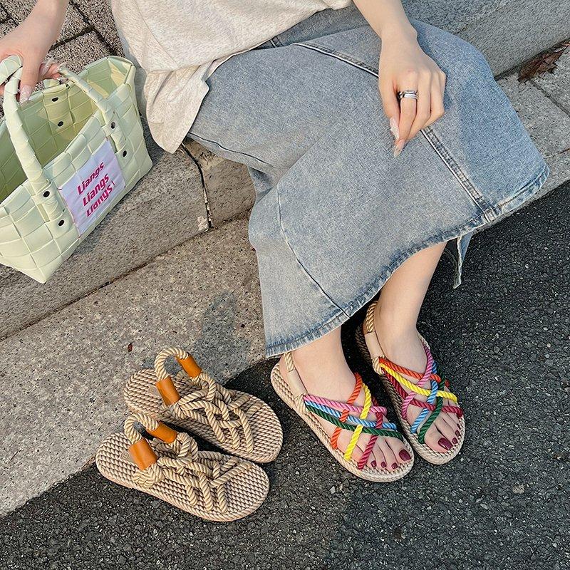 Fashion Comfort Shoes for Women Cross Breathable Flat Sandals Strappy Heels Cross-Shoes Anti-Skid Without  Beach Girls Scandals Slipper