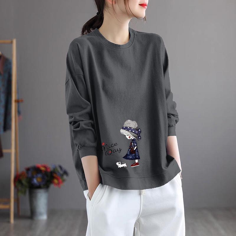 Brand Women's Plus Size Long Sleeve Printed Cotton Top – Round Neck, Casual Style