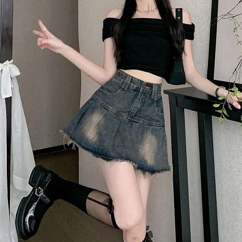 

American Hotsweet Pleated Denim Skirts Spring Autumn Vintage A-Line Female Clothing High Waist Button Preppy Style Mini Skirts S синій