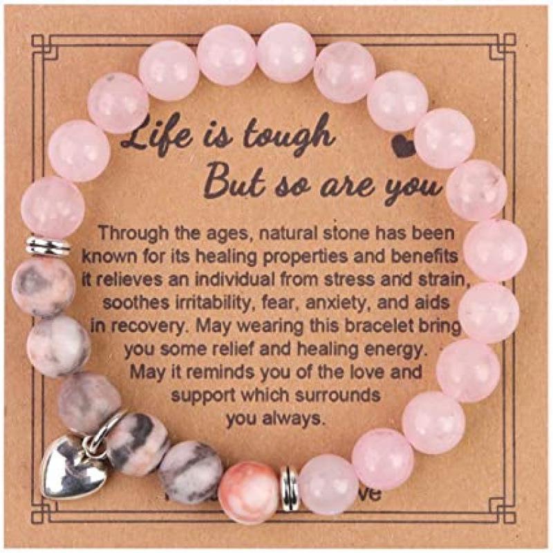 8mm Pink Zebra Stone Bead Bracelet with Gift Card: Perfect Holiday Friendship & Love Gift for Men & Women