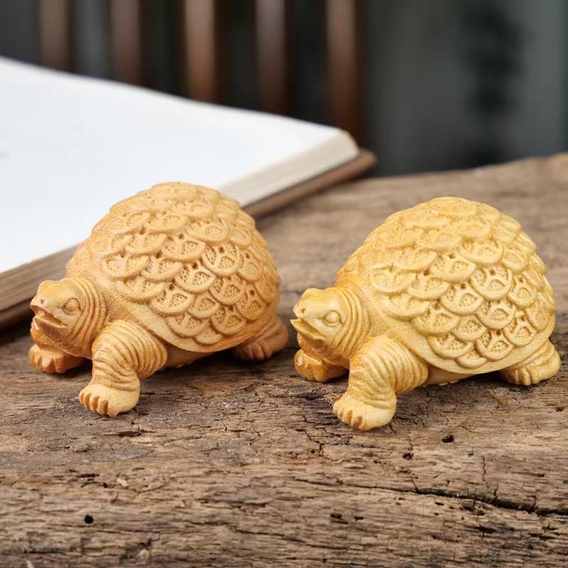Golden Sandalwood Money Turtle Ornament: Handcrafted Solid Wood Carving with Green Sandalwood Handgrip