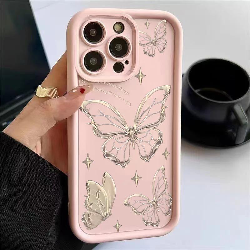Gold Butterfly Silicone Phone Case For iPhone 16 15 14 Pro Max Cases iPhone 13 12 11 Pro Max Mini XS XR X 7 8 Plus Cover_