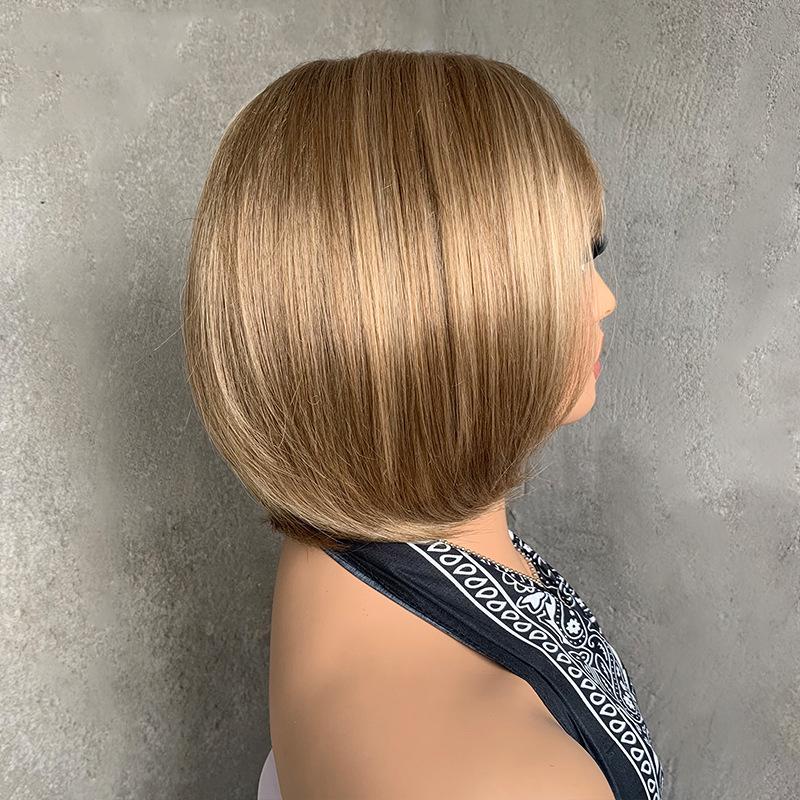 Short Straight White Bob Wigs Women Golden Brown Synthetic Natural Hair with Bangs Heat Resistant Fibre Cosplay Daily Use