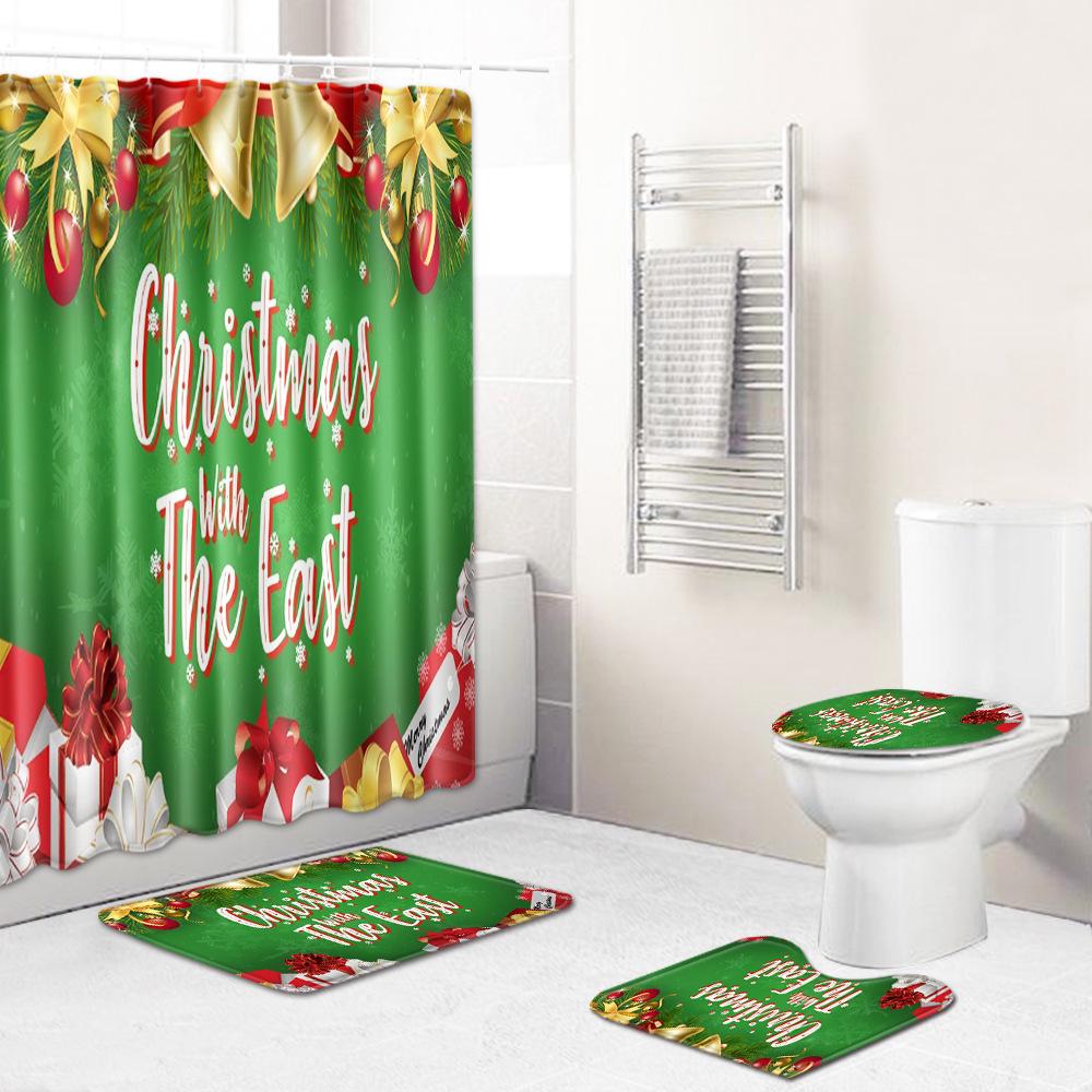 Christmas Waterproof Shower Curtain Four-Piece Floor Mat Combination Bathroom Water-Absorbing Non-Slip Carpet Door Mat Foot Mat