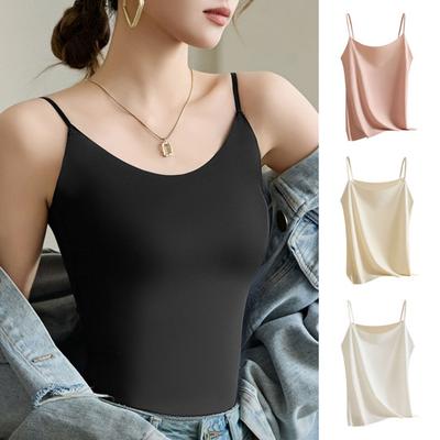 Women's Faux Silk Camisole Top Ice Silk Satin Tank Top Spaghetti Strap Sleeveless Cami Top Crew Neck Silky Summer Basic Blouse