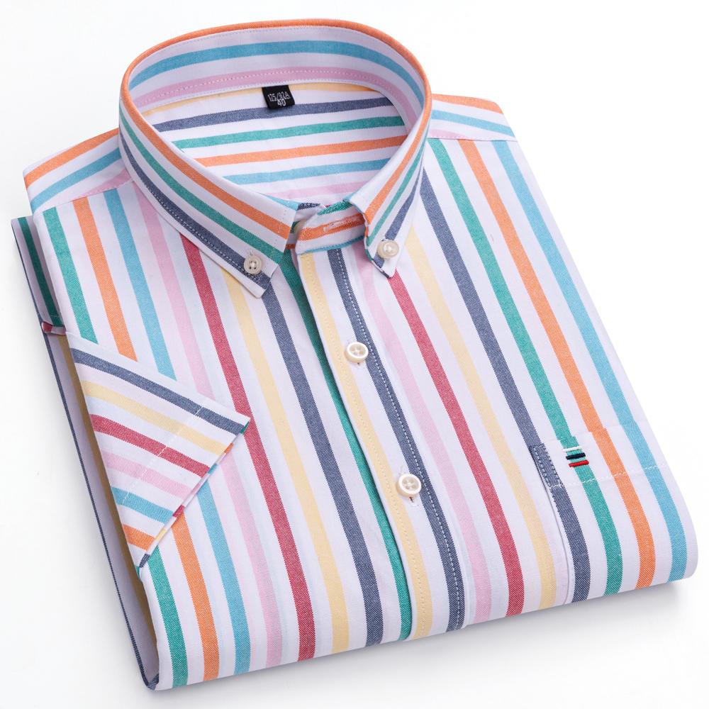 Men's Striped / Solid Short Sleeve Oxford Cotton Button Down Shirt, Summer Casual Comfort Lightweight Breathable with Chest Pocket