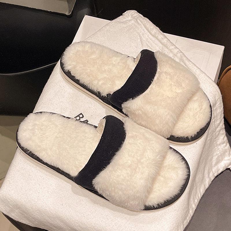 Fashion New Flat Bottom Furry Slippers Warm Home Room Plush Cotton Slides for Women Casual Soft Sole Autumn Winter Open Toe Pantoffels