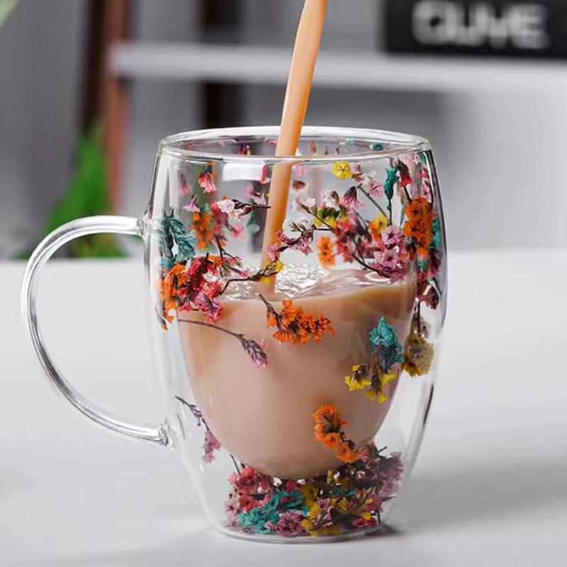 350Ml Fillings Dry Flowers Double Wall Glass Cup With Handle Heat Resistant Tea Coffee Cups Espresso Milk Mug Creative Gift