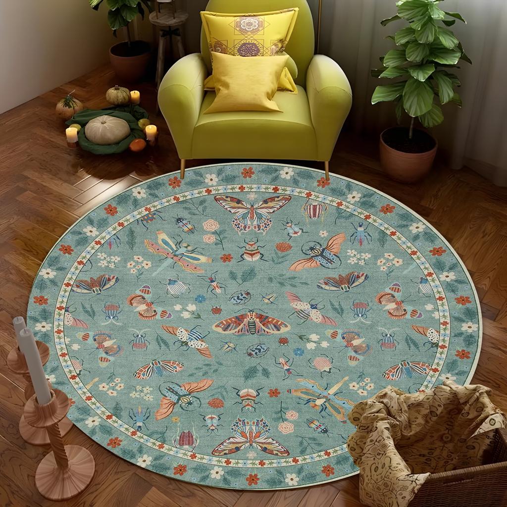 Runder Insekten-Garten-Teppich - Schmetterlinge/Libellen/Käfer mit Blumenrand, Natur-inspirierter Teppich für Boho-Wohnzimmerdekoration