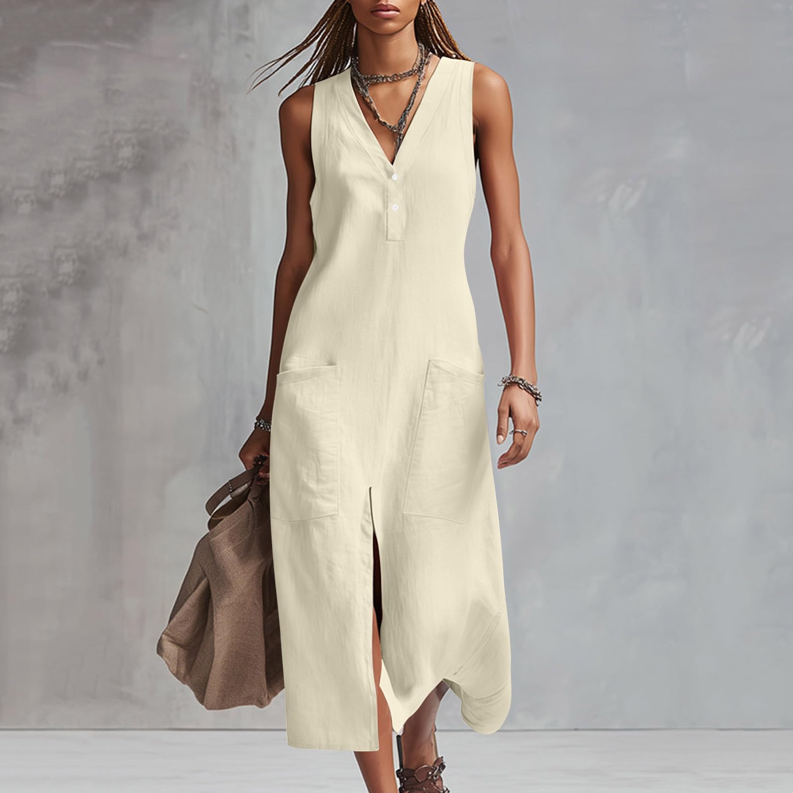 

Women s Fashionable Casual -color Dress L бежевый