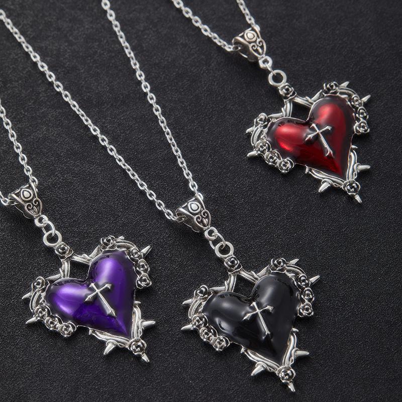 Gotiskt törnkors ros stort hjärta hänge halsband för kvinnor män vintage trend halloweenfest zirkon gåva
