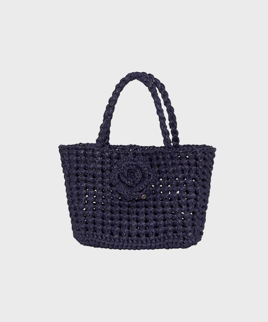 Slowslowly Camellia Handmade Crochet Raffia Mini Tote Bag _ Navy