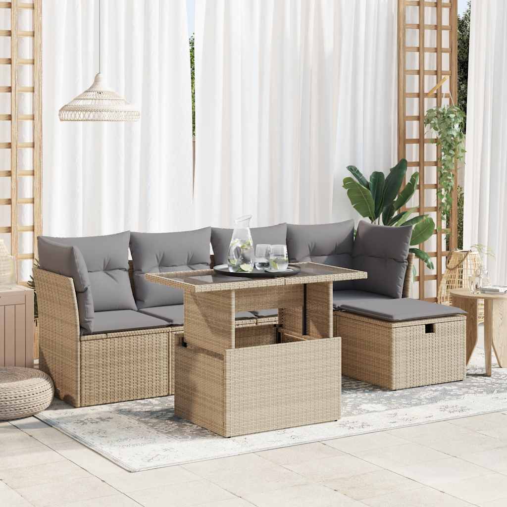 Vidaxl 6-Cz. Garden Furniture Set With Cushions, Beige, Poly Rattan
