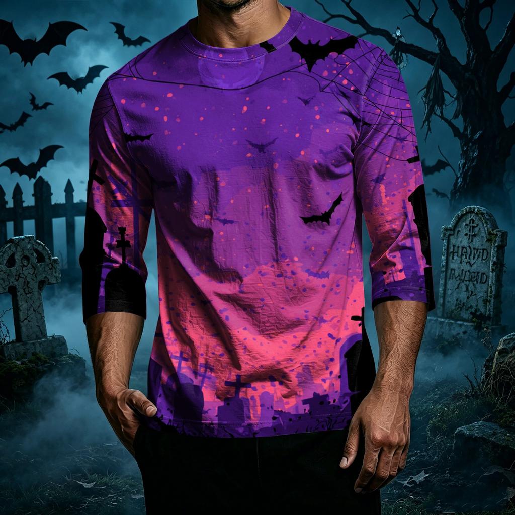 Men's Casual Halloween Graphic Crew Neck T-Shirt Three Quarter Sleeve Top Printed Design Comfortable Fit