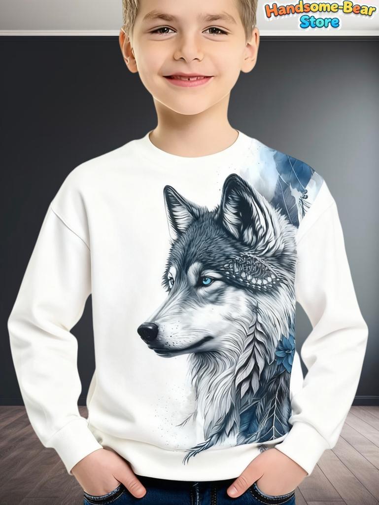 Boys Wolf Print Long Sleeve Crew Neck Sweatshirt Soft Breathable Casual Wear Outdoor Activities Autumn Essential Clothing Hoodie