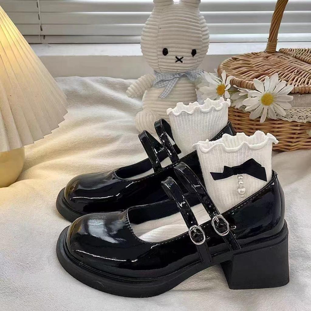 French Mary Jane Small Black Shoes Leather Shoes New One-word Shallow Mouth Round Head Casual Jk Platform Single Shoes