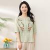 Women Pink V Neck Floral Embroidery Half Placket Three Quarter Sleeve Cotton Linen Blouse