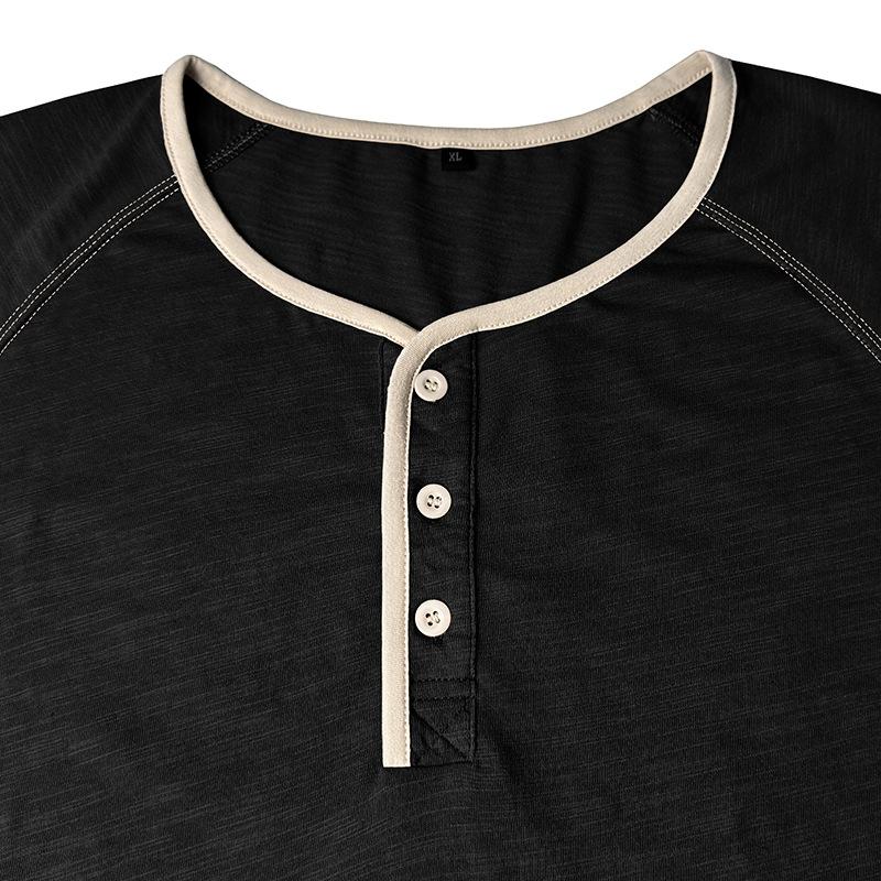 Men's Contrast Piping Raglan Henley T Shirt Placket Slub Cotton Short Sleeve Casual Summer Tee