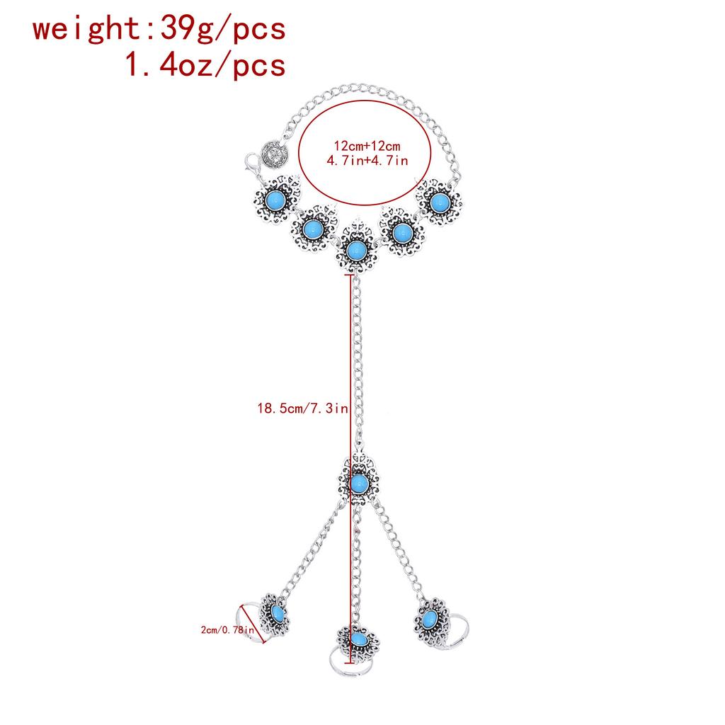 Vintage Silvery Long Chains Finger Pulling Bracelet Alloy Carving Flower Round Acrylic Gem Boho Ethnic Women's Bracelet Jewelry