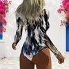 Women Plus Size Blue White Printed High Neck Front Zip Long Sleeve One Piece Swimsuit