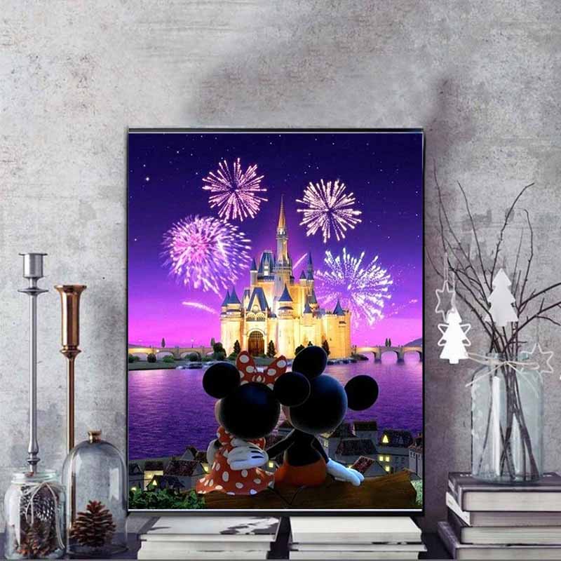 Disney Diamond Painting Mickey and Minnie Castle Fireworks Romantic Freeze-frame Wall Decoration Full Diamond Cross-stitch DIY Gift Home Decoration