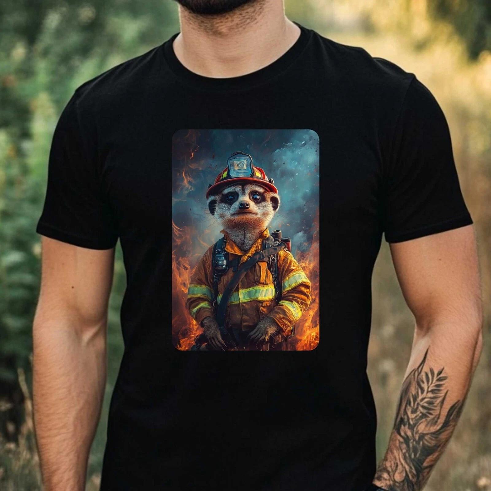 T-Shirt Herren Erdmännchen als Feuerwehrmann Motiv Baumwolle Größe XS bis 5XL XXL