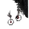 Vintage Gothic Halloween Earrings with Thorns, Vine, Roses, and Red Crystal Pendant