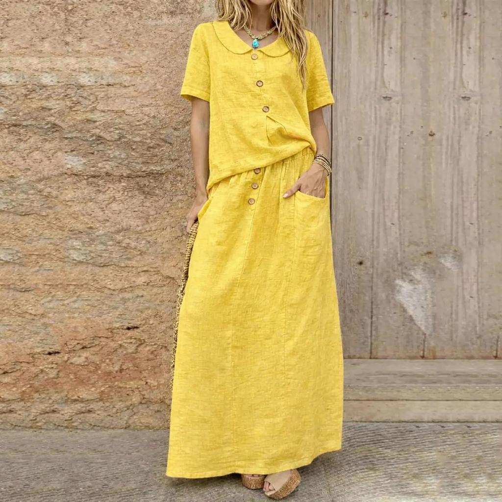 Women's Fashionable Loose-Fit Cotton-Linen Blend Top And Skirt Two-Piece Casual Set