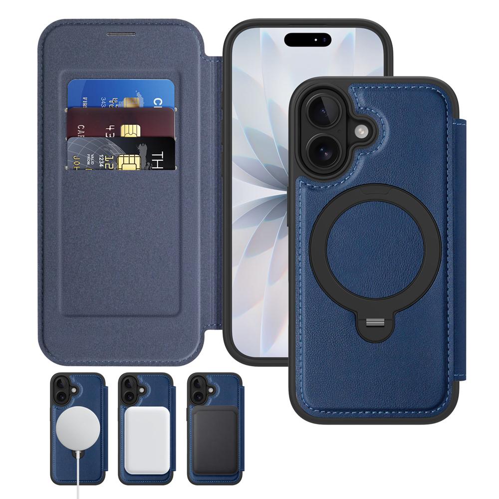 KEYSION Leather Flip Wallet Case for iPhone 15 16 17 Pro Max Air 16Plus 16e Cards Slots Magnetic 360 Ring Stand Phone Back Cover