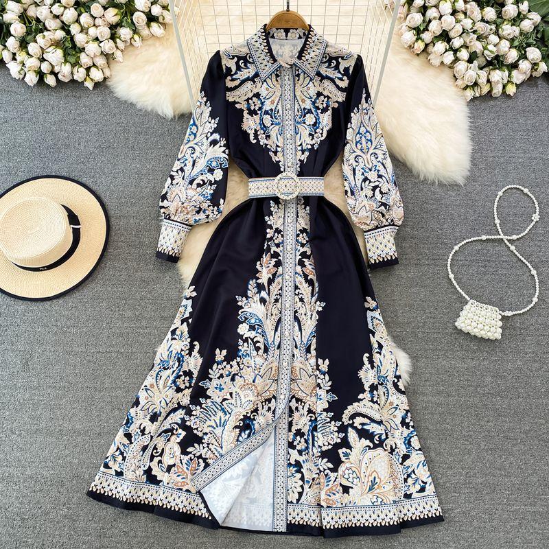 Fancy Shirtdress Vintage Court Style Elegant Lapel and Waist Tight Slim Looking Single Breasted Printing a Word Dress