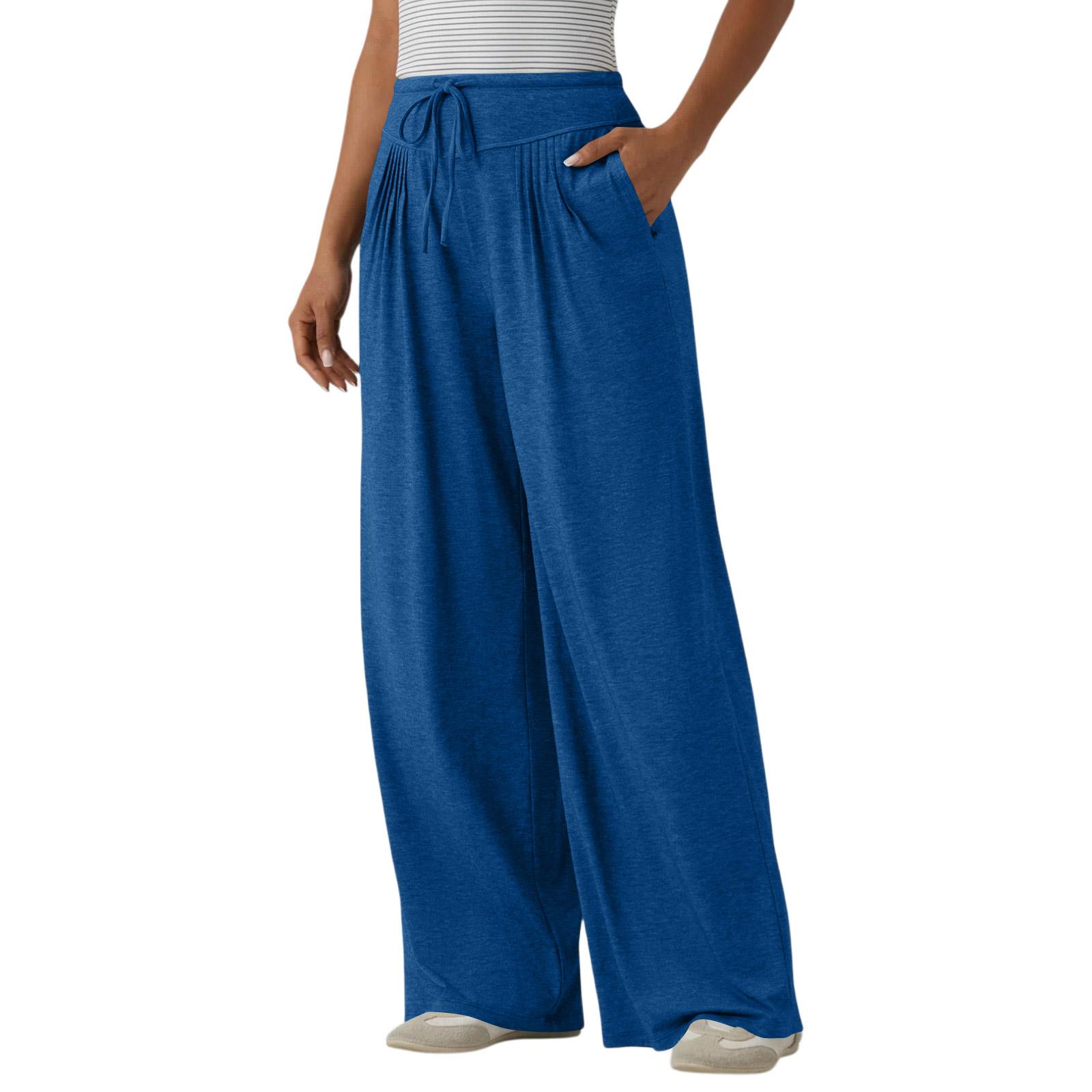 

Women High Waist Drawstring Pants Casual Loose Fit Wrinkled Trousers with Pockets Elastic Waistband Comfortable Fit L синий