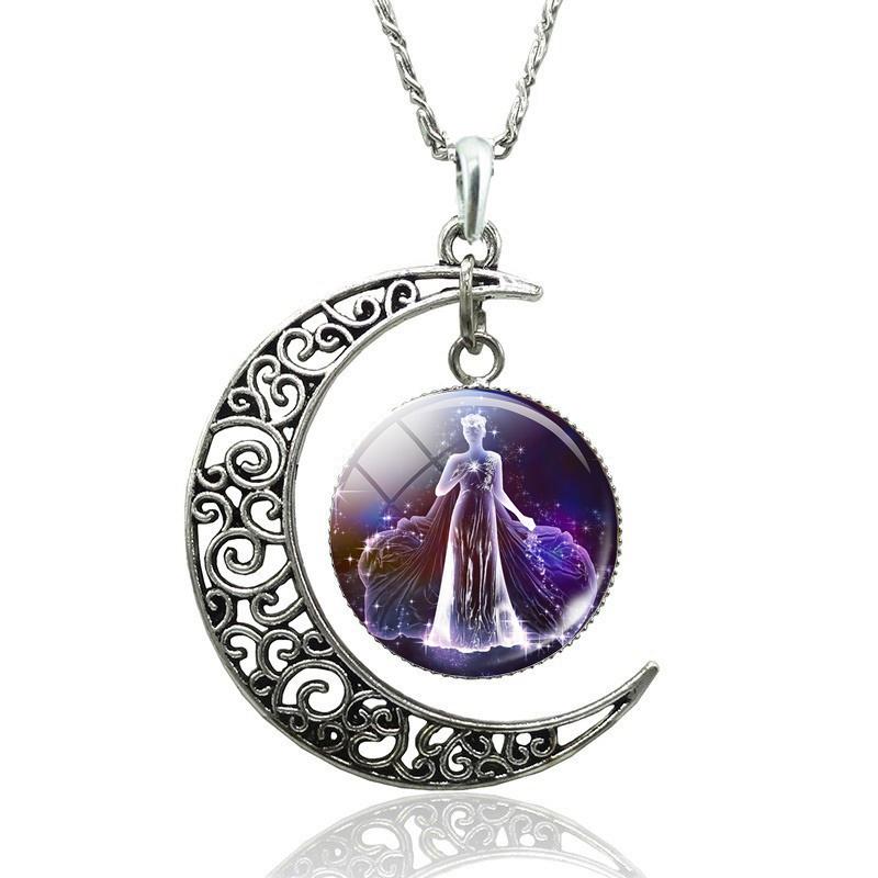 12 Constellation Necklace Zodiac Signs Cabochon Glass Crescent Moon Pendant Clavicle Chain Necklace Birthday Gifts for Women