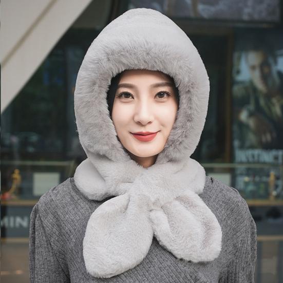 Women Winter Hat with Integrated Scarf Thick Warm Faux Rabbit Fur Solid Color Full Protection Outdoor Cycling Travel Cold Weather Cap