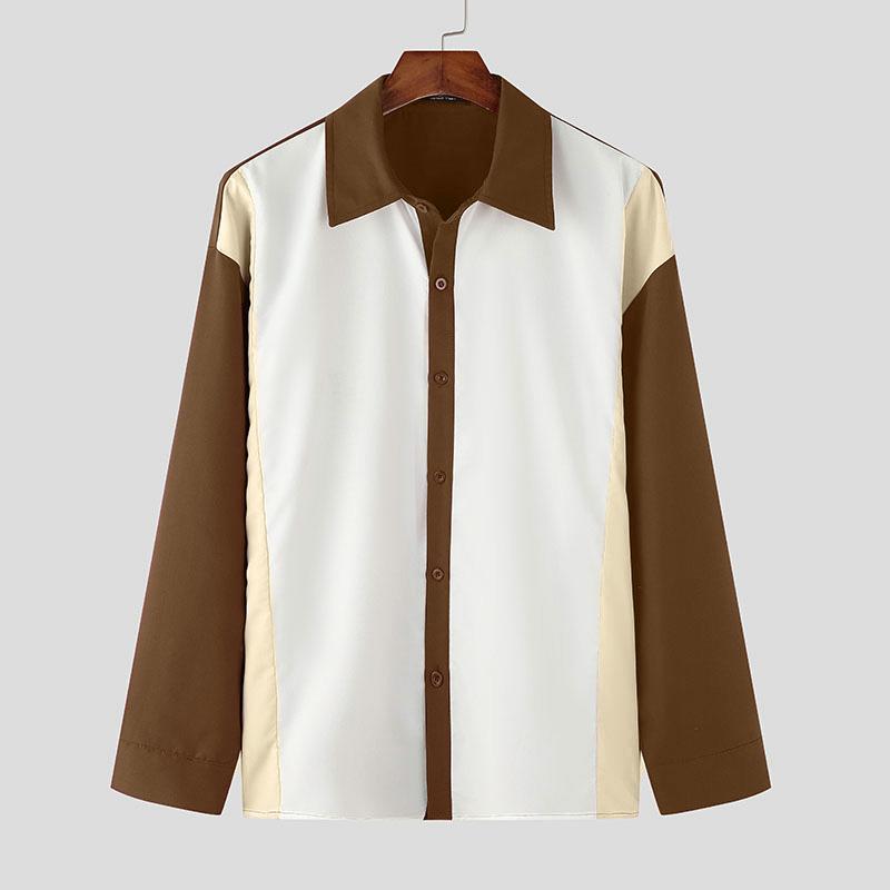 

INCERUN Чоловічі великі сорочки з довгими рукавами, повсякденні офісні топи в стилі печворк 3XL коричневий